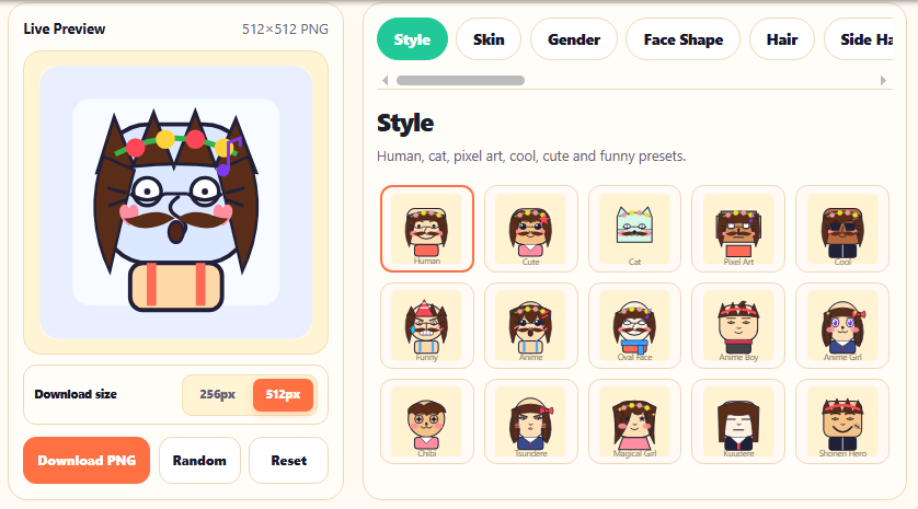 Square face generator avatar showing custom hair, anime eyes, and accessories built from scratch — no photo upload needed